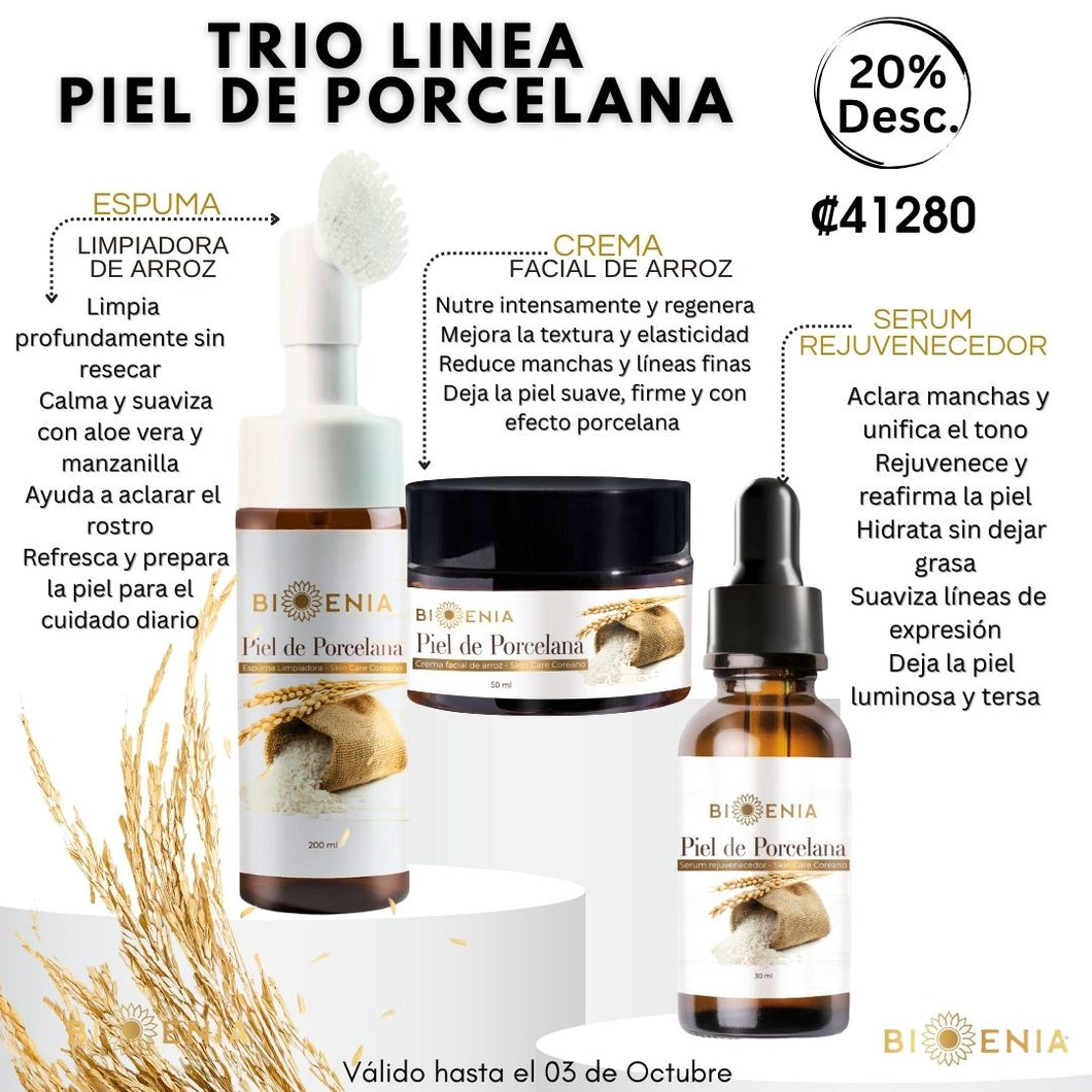 Trio Piel de Porcelana- Crema +Serum+ Espuma de Arroz 20%Desc