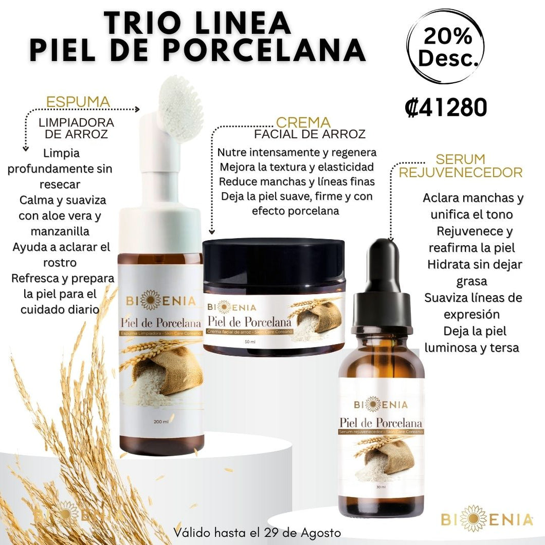 Trio Piel de Porcelana- Crema +Serum+ Espuma de Arroz 20%Desc
